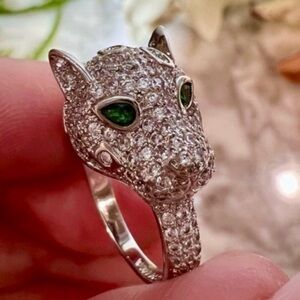 Statement Diamond Panther Ring with Emerald Eyes. Real 14k gold electroplated !